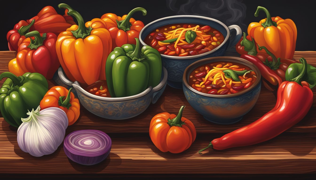 A steaming bowl of Tex-Mex chili sits on a rustic wooden table, surrounded by colorful peppers, onions, and tomatoes. The vibrant red and orange hues of the chili contrast against the dark background, evoking a sense of warmth and flavor