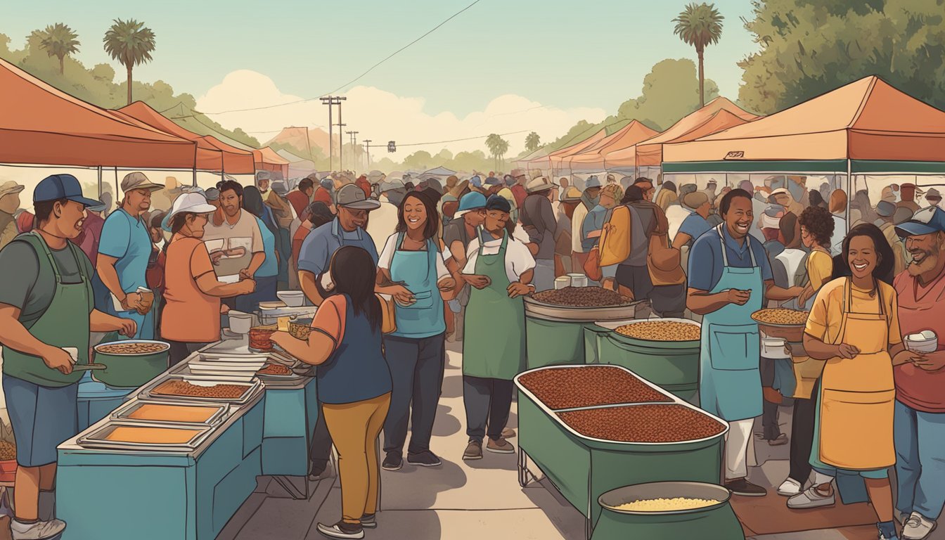 A bustling outdoor chili cook-off in Los Angeles, with vendors selling authentic Texas-style chili. The aroma of smoky, spicy chili fills the air as people line up to satisfy their craving