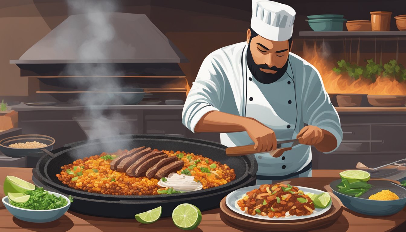 A sizzling comal heats up as a chef prepares al pastor, carne asada, and barbacoa for regional Mexican tacos. Chopped onions, cilantro, and lime slices wait on the side