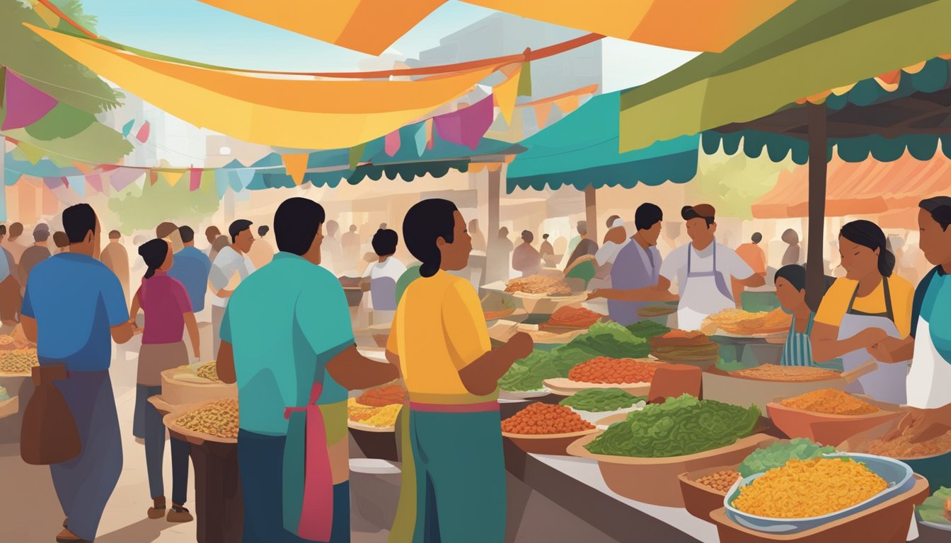 A bustling street market in Mexico, with vendors cooking and selling a colorful array of regional tacos. The aroma of sizzling meats and spices fills the air, while locals and tourists alike gather to enjoy this beloved culinary tradition