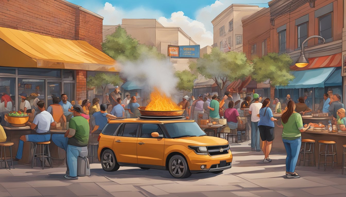 A steaming pot of chipotle pork chili simmers over a crackling fire in the heart of downtown Phoenix, surrounded by bustling local eateries and vibrant street art