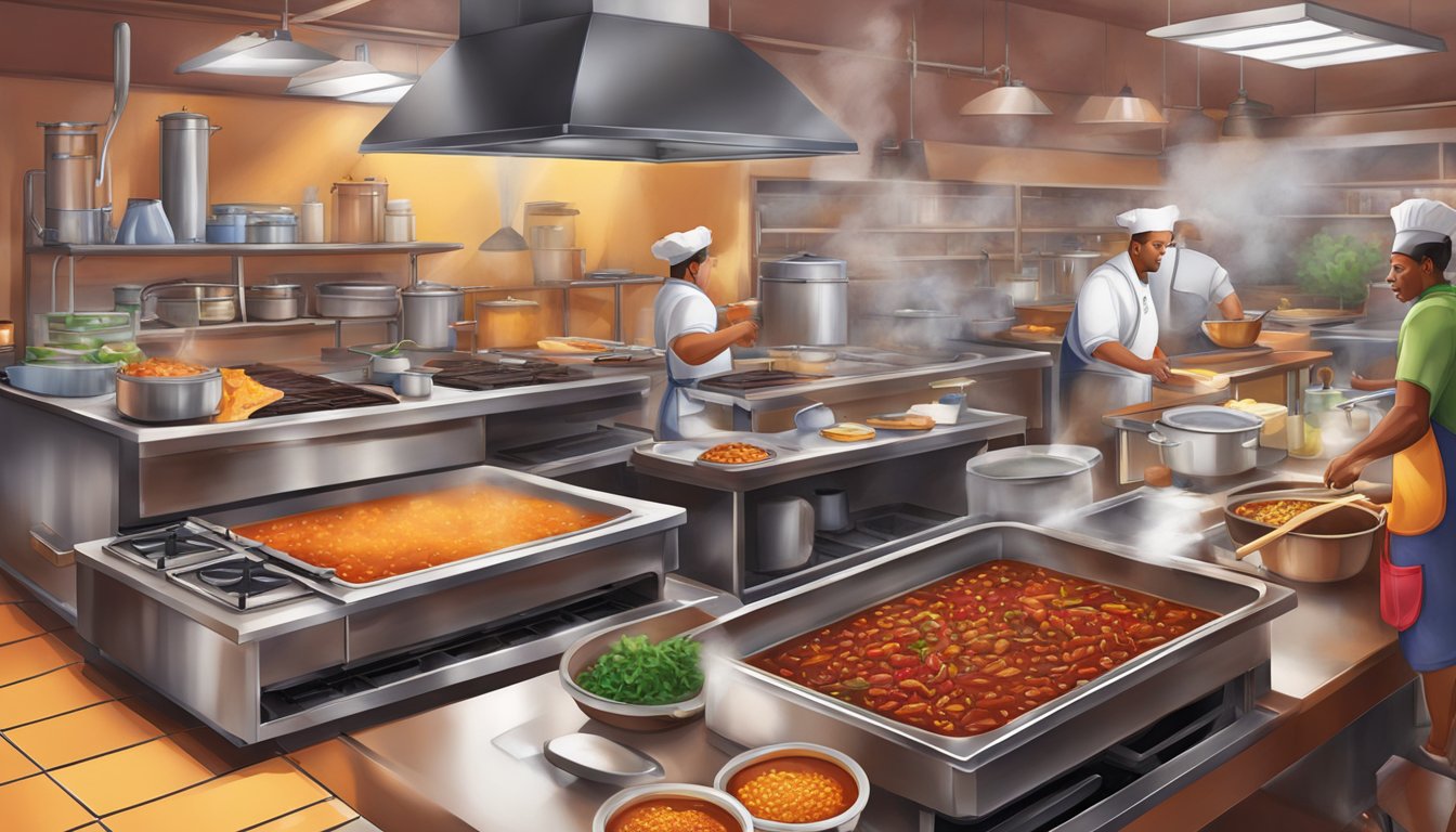 A bustling restaurant kitchen, steaming pots of hearty beef chili simmering on the stove, surrounded by the vibrant sights and sounds of Phoenix