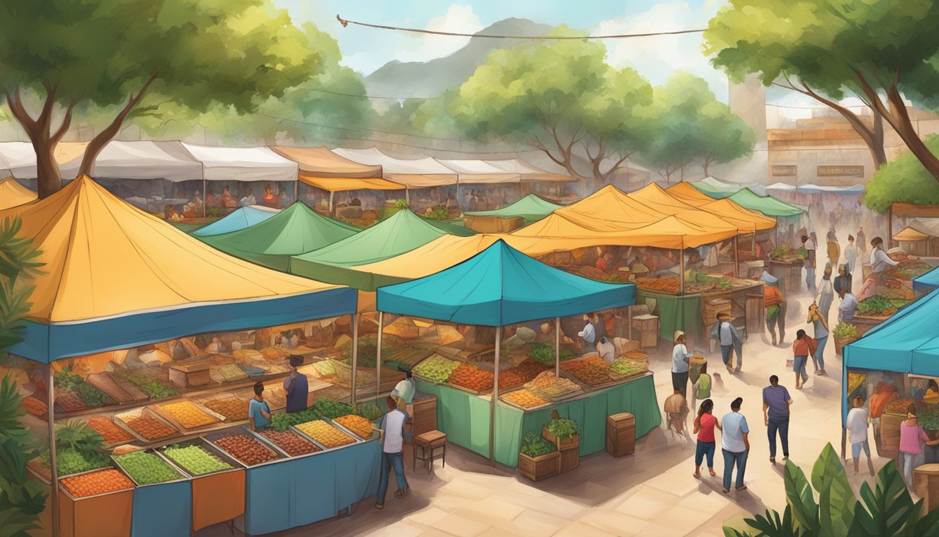 A bustling outdoor market with colorful tents and tables, surrounded by lush greenery and filled with the aromas of sizzling carne asada and freshly made tacos