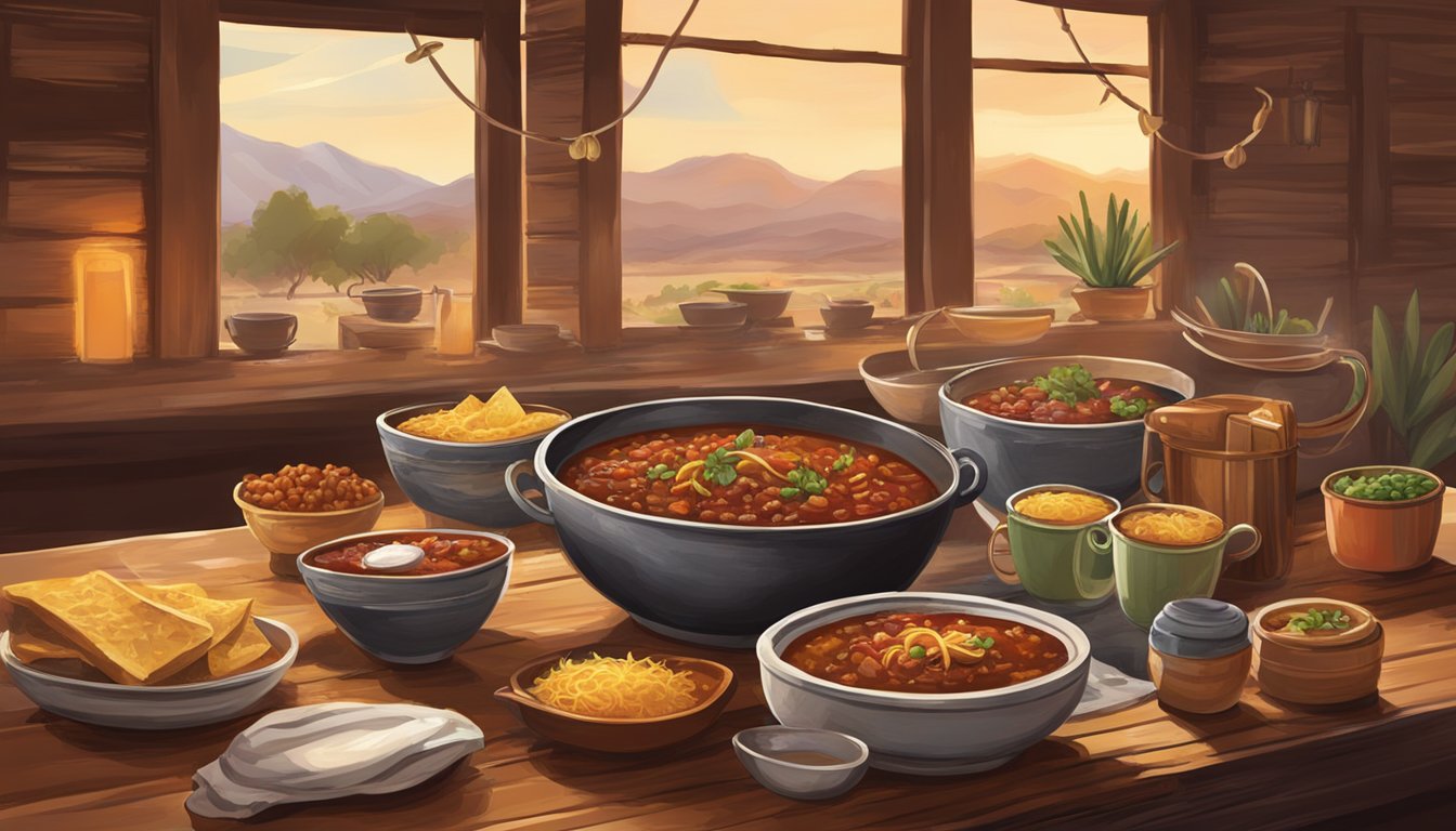 A bustling Southwestern restaurant with a steaming bowl of traditional Texas chili on a rustic wooden table. Warm, inviting ambiance with hints of Texan decor