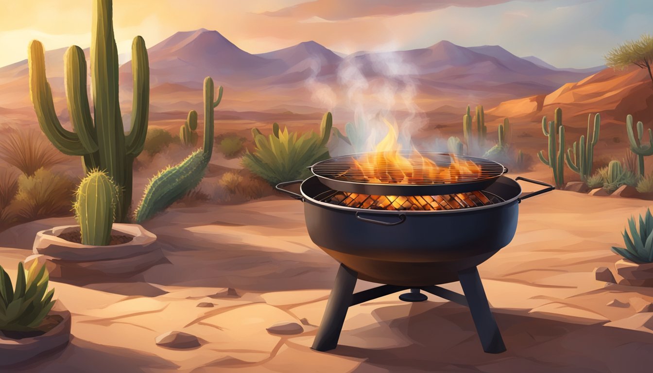 A rustic outdoor BBQ pit with a large pot simmering over open flames, surrounded by desert landscape and cacti