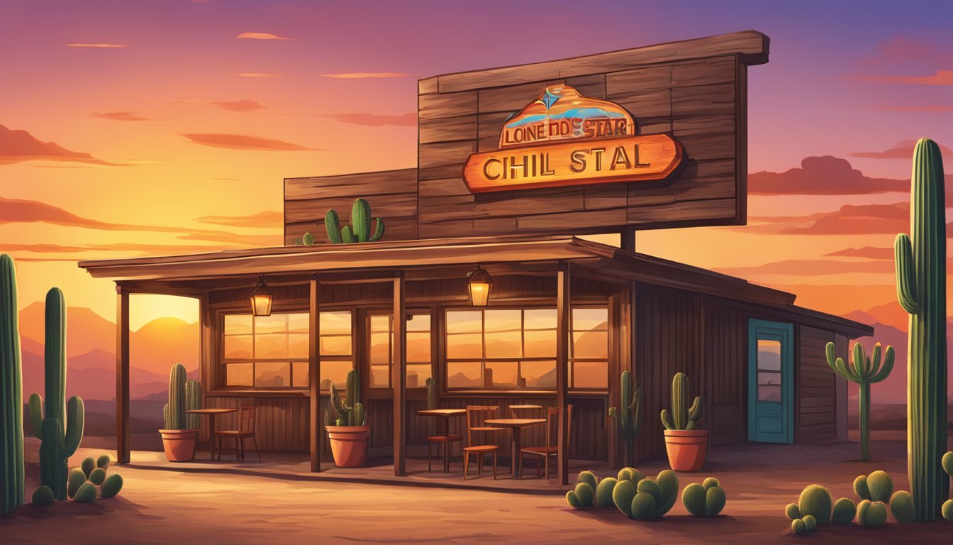 A rustic restaurant with a Lone Star Chili sign, cacti, and a vibrant sunset in the background