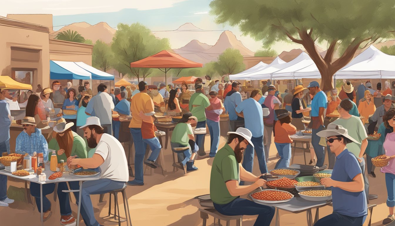 A bustling outdoor chili cook-off with vendors and visitors enjoying live music and sampling authentic Texas-style chili in Phoenix