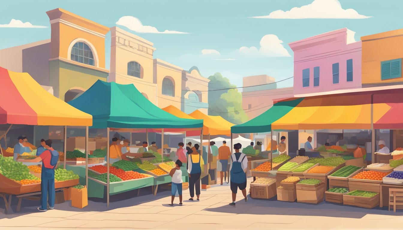 A bustling farmers market with colorful stalls selling fresh produce, surrounded by a vibrant taco stand in San Antonio