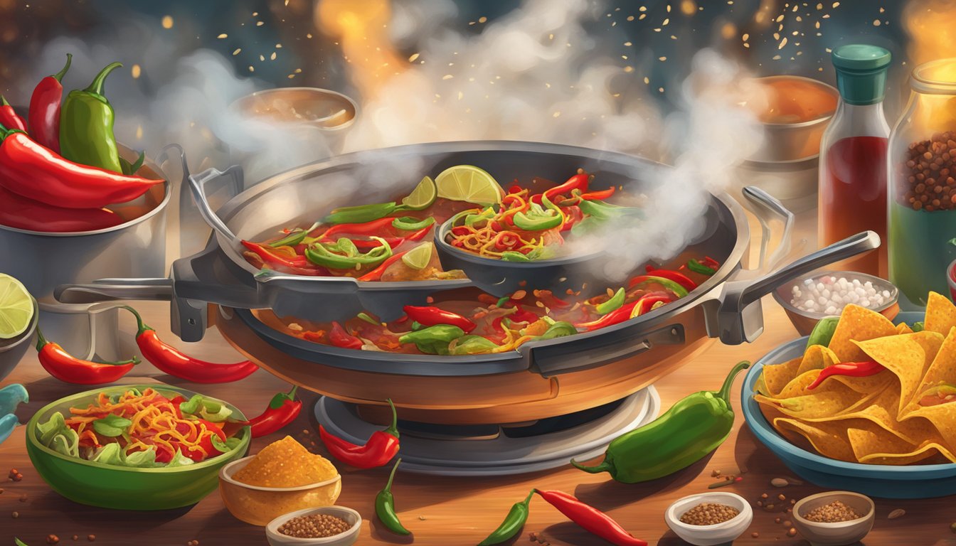 Steam rising from sizzling tacos, surrounded by vibrant chili peppers and scattered spices