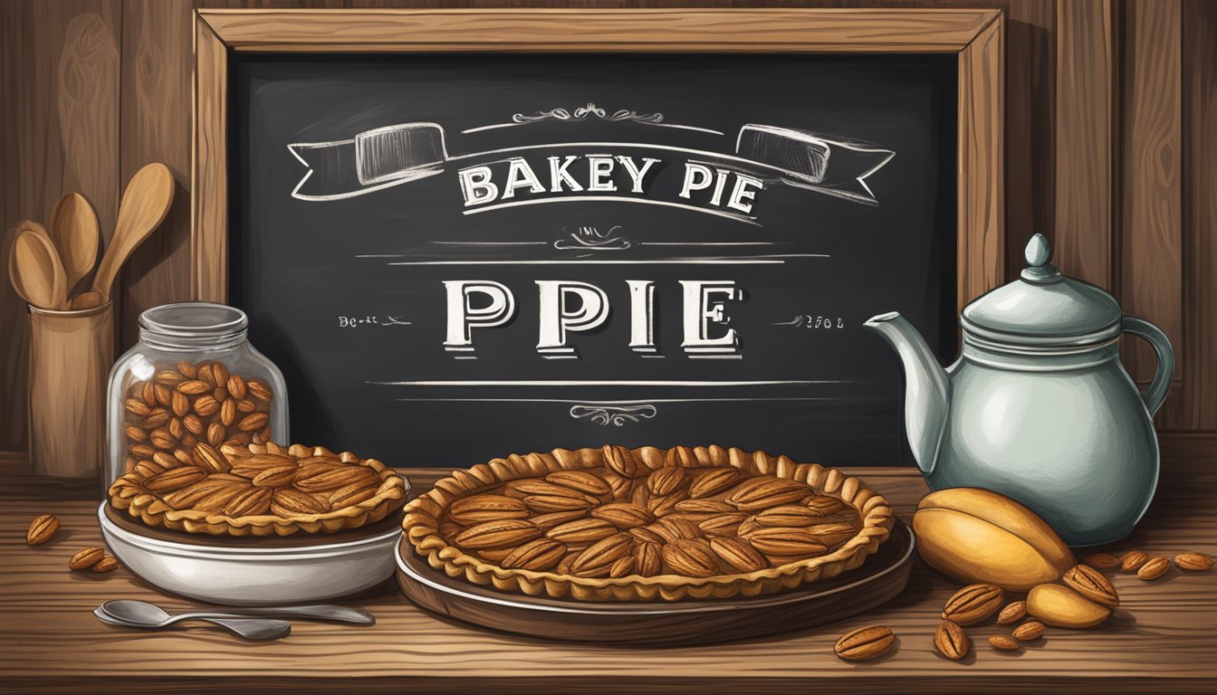 A rustic bakery display featuring a golden pecan pie on a wooden table, surrounded by vintage kitchenware and a chalkboard sign