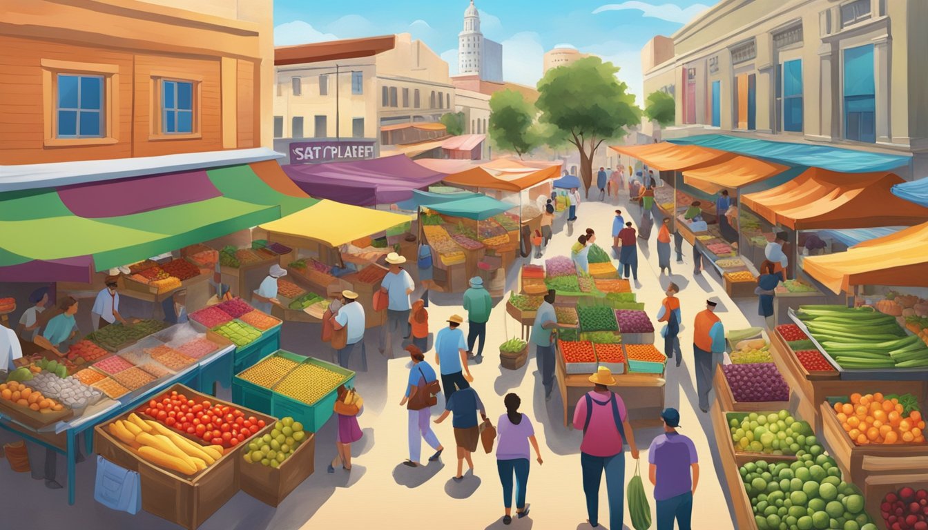 A bustling farmer's market with colorful stalls selling fresh produce and locally-sourced ingredients, surrounded by the vibrant energy of San Antonio