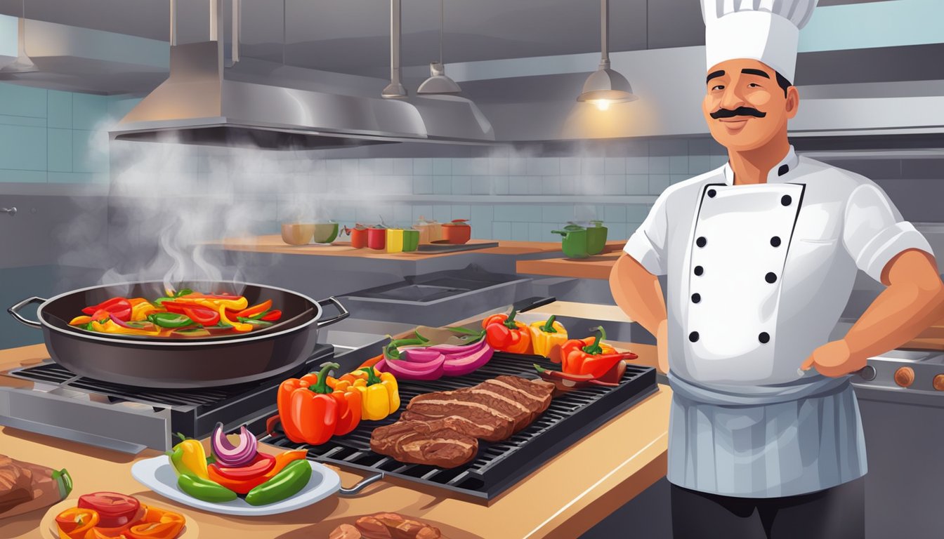 A chef grills marinated meat and sautés colorful peppers and onions, while a pot of simmering spicy sauce fills the kitchen with heat