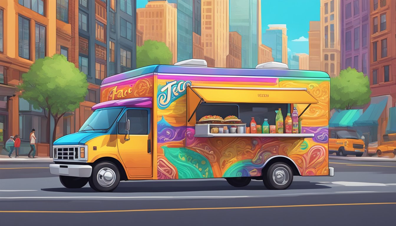 A colorful taco truck with a sleek design and vibrant logo stands out against the backdrop of a bustling Texas city street