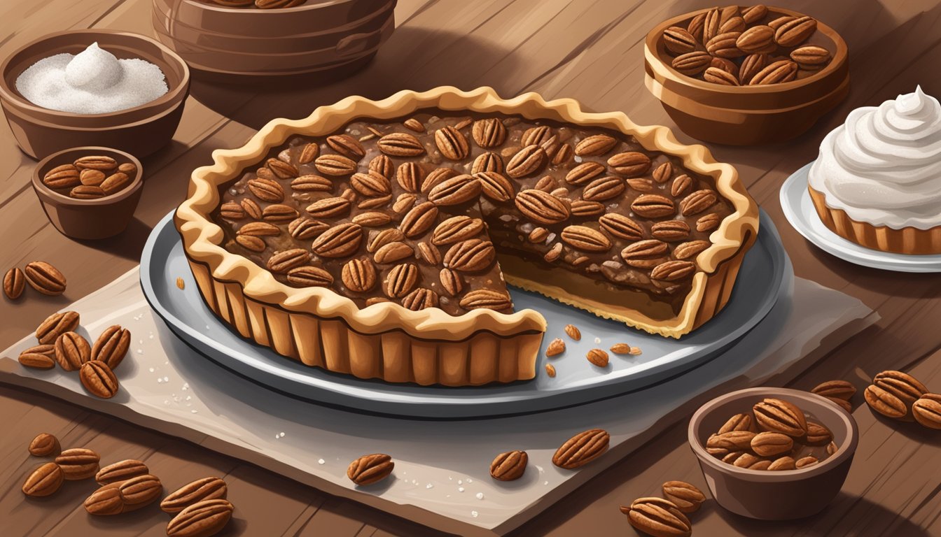 A rustic bakery display showcases a golden-brown pecan pie with a flaky crust, surrounded by a scattering of whole pecans and a dusting of powdered sugar