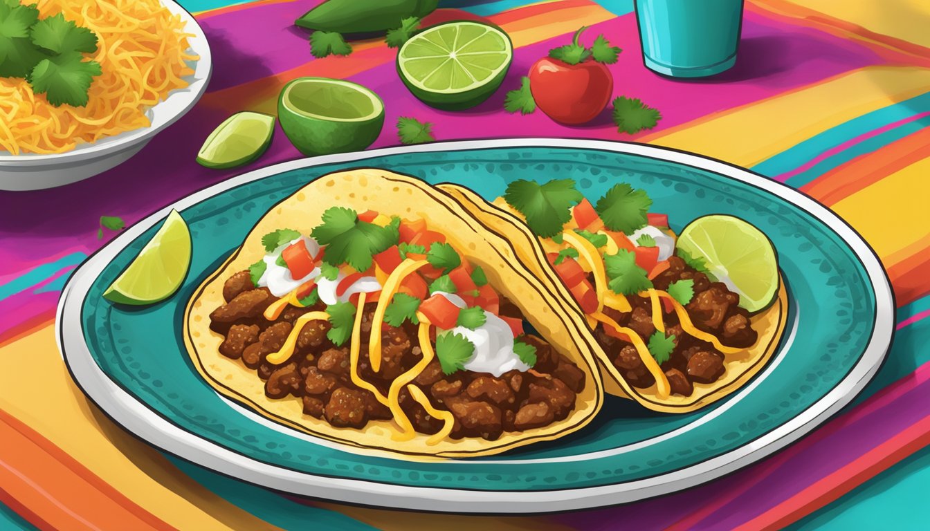 A plate of sizzling Miami tacos, adorned with vibrant salsa and garnished with fresh cilantro, is presented on a colorful, patterned tablecloth