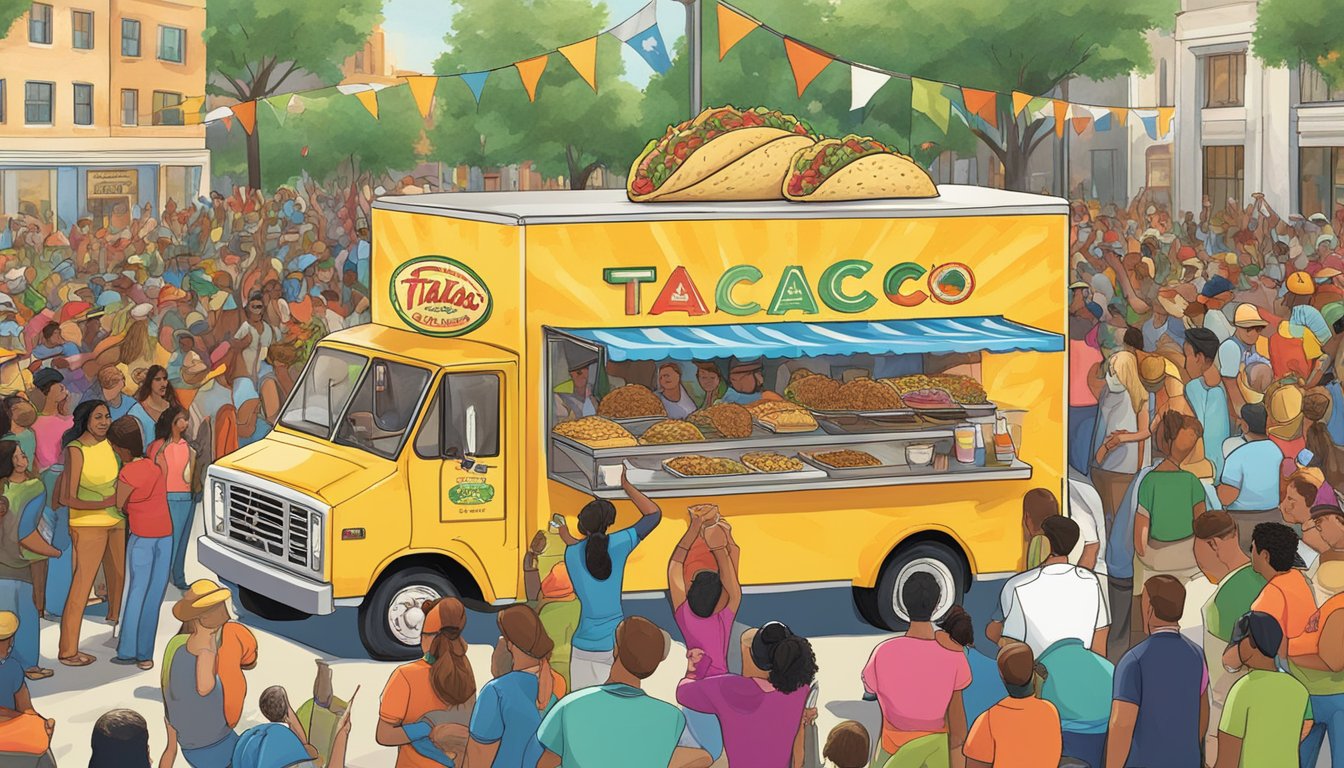 A vibrant Texas Taco Company truck surrounded by a bustling crowd at a lively outdoor event