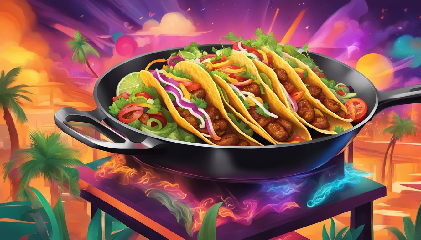 A sizzling skillet of Miami tacos emits a fiery aroma, surrounded by vibrant colors and lively music