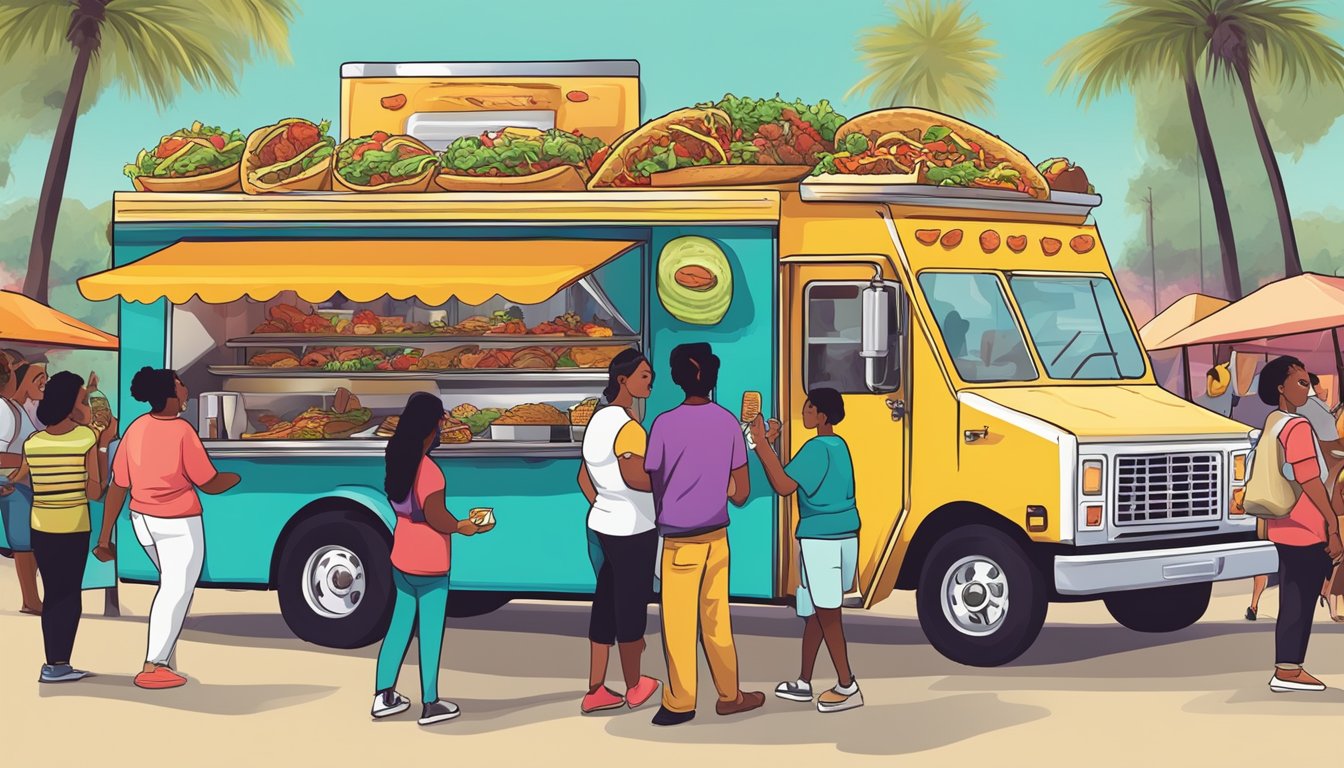 A colorful and bustling taco truck surrounded by a diverse crowd of customers enjoying unique and flavorful fusion tacos