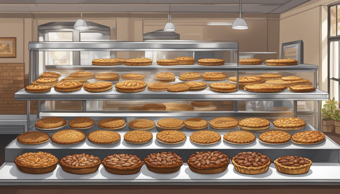 A cozy bakery in Chicago, with a display of golden-brown pecan pies cooling on the counter, filling the air with a warm, sweet aroma