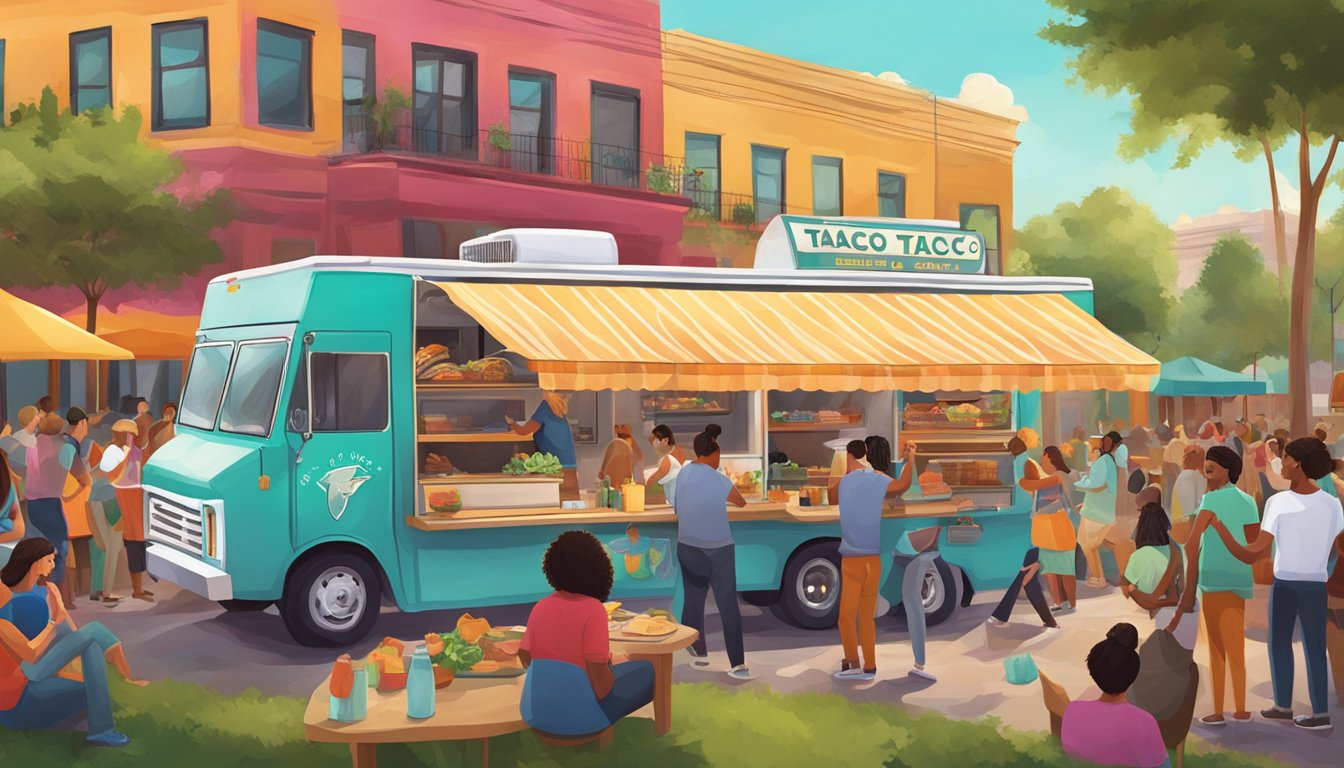 A vibrant taco truck with modern design and Texas flair, surrounded by a bustling crowd in a lively outdoor setting