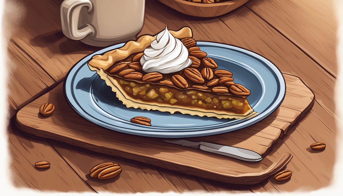 A rustic wooden table with a freshly baked pecan pie, surrounded by pecans and a dollop of whipped cream, set against the backdrop of a cozy Texas-style restaurant in Chicago