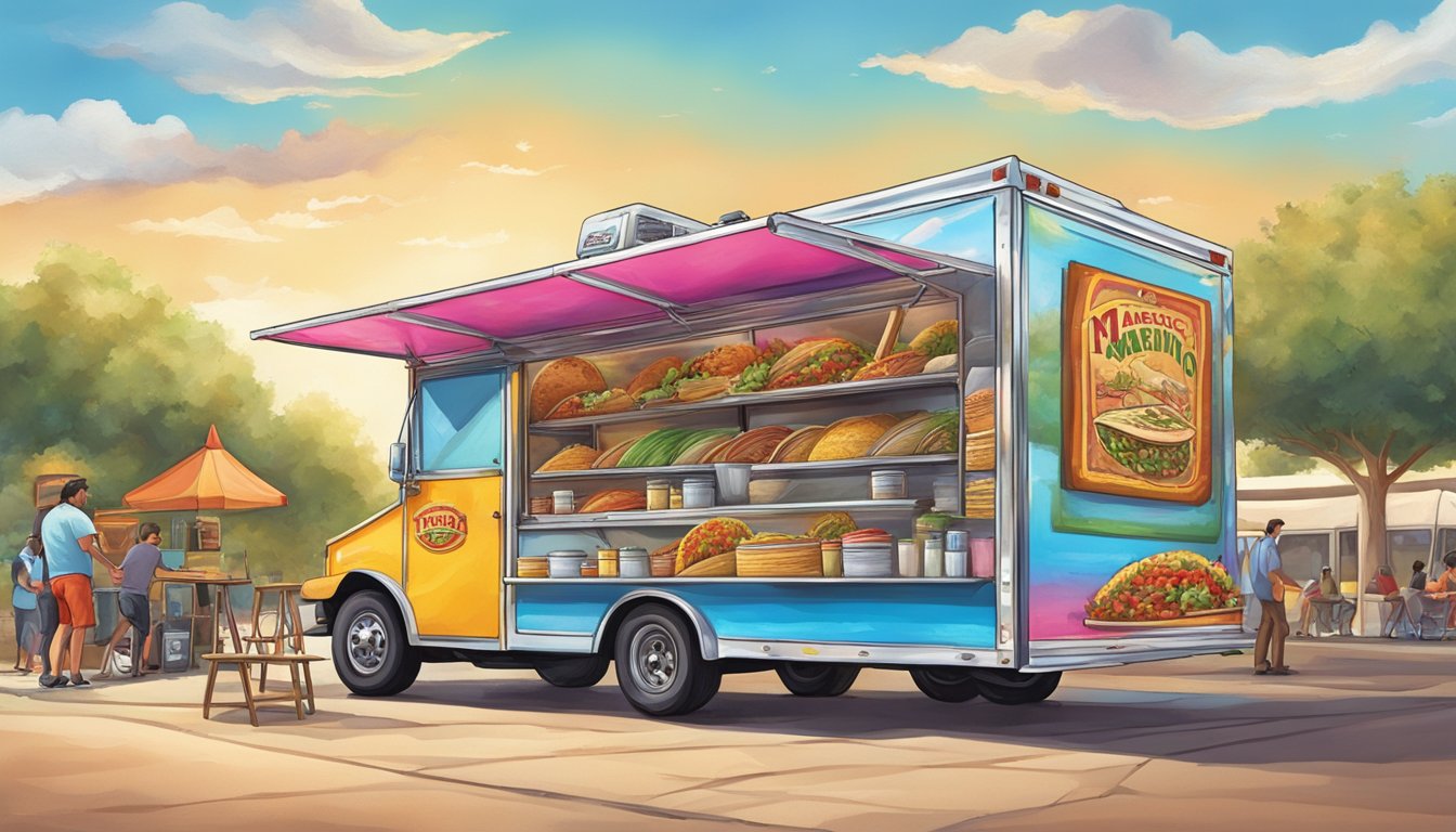 A colorful Maverick Taco Truck parked under a bright Texas sky, surrounded by eager customers and the tantalizing aroma of sizzling tacos