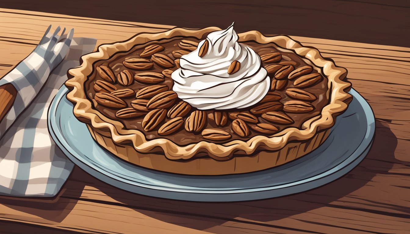 A whole pecan pie sitting on a rustic wooden table, with a dollop of whipped cream on top and a few scattered pecans around the plate