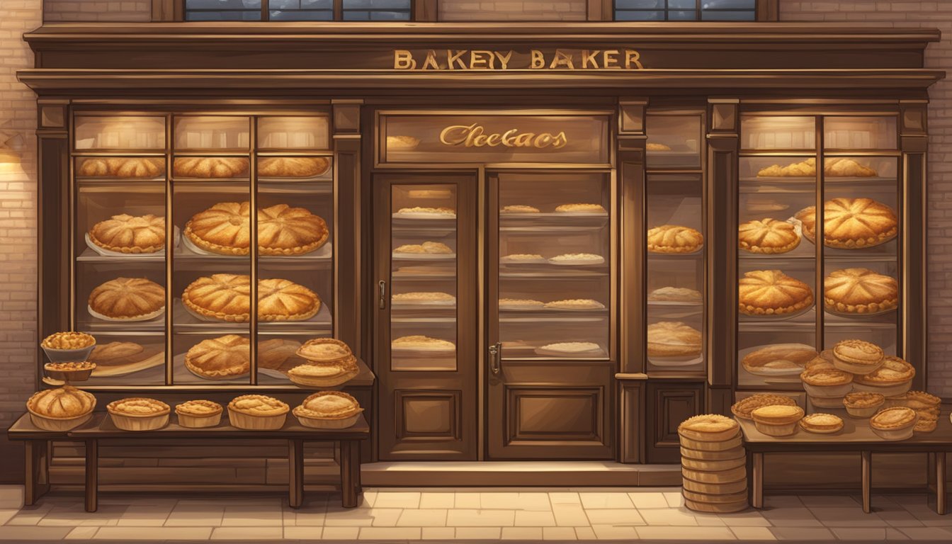 A rustic bakery in Chicago, with a warm, inviting atmosphere. A display case showcases golden, flaky pecan pies, evoking the essence of authentic Texas-style baking