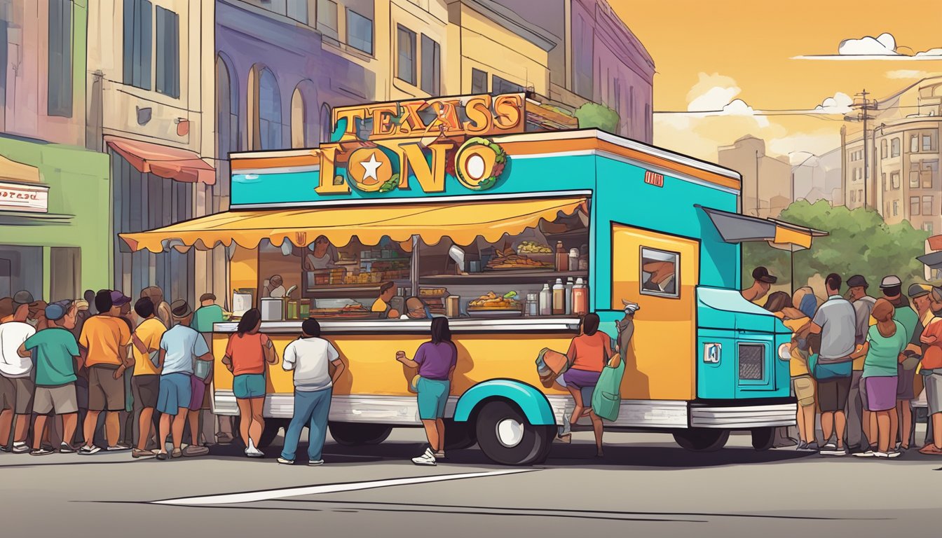 A colorful and vibrant taco truck with a Texas Lone Star logo, surrounded by a bustling crowd of hungry customers