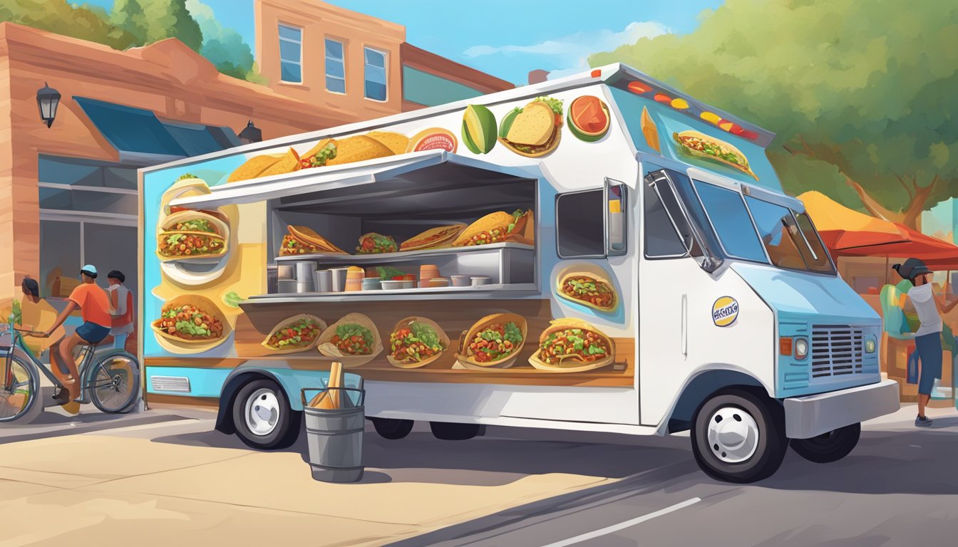 A bustling Texas taco truck with colorful decor and a variety of unique taco offerings