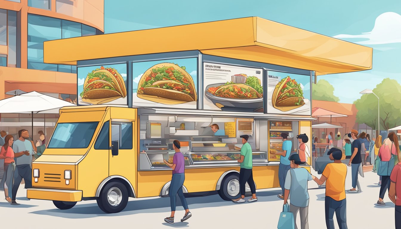 A row of high-tech taco trucks with digital menus and mobile ordering, surrounded by bustling crowds in a modern outdoor food court