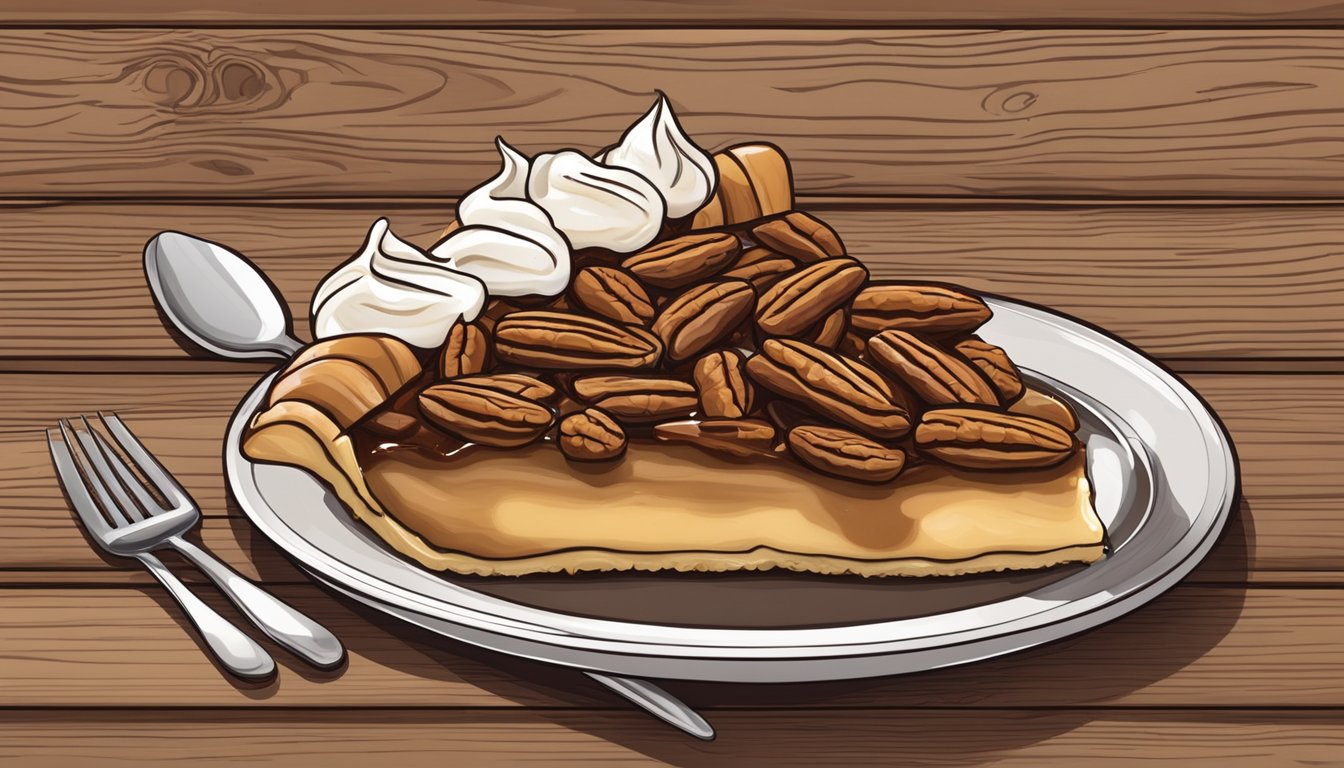 A slice of pecan pie on a rustic wooden table, with a dollop of whipped cream and a drizzle of caramel sauce, surrounded by pecans and a fork