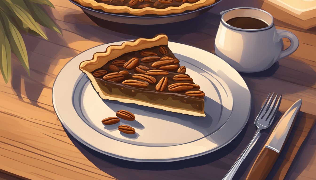 A table set with a slice of Pecan Pie on a plate, surrounded by a warm and cozy atmosphere