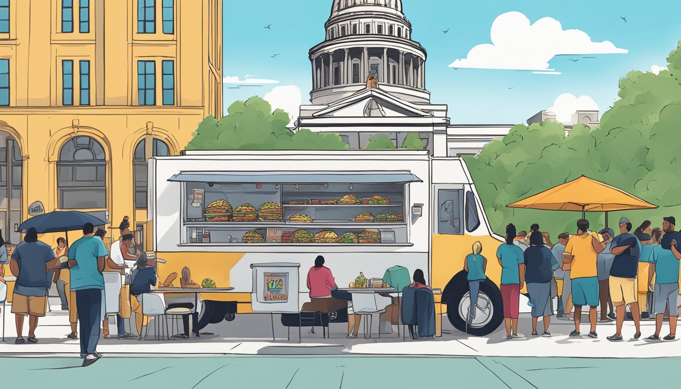 Tacos being served at a food truck near the iconic Texas Capitol building, with a long line of customers waiting to order