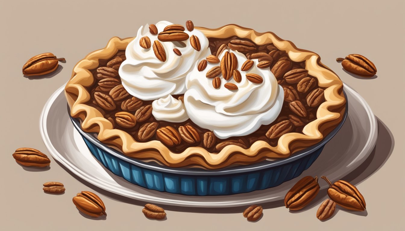 A rustic wooden table topped with a golden-brown pecan pie, surrounded by pecans and a dollop of whipped cream