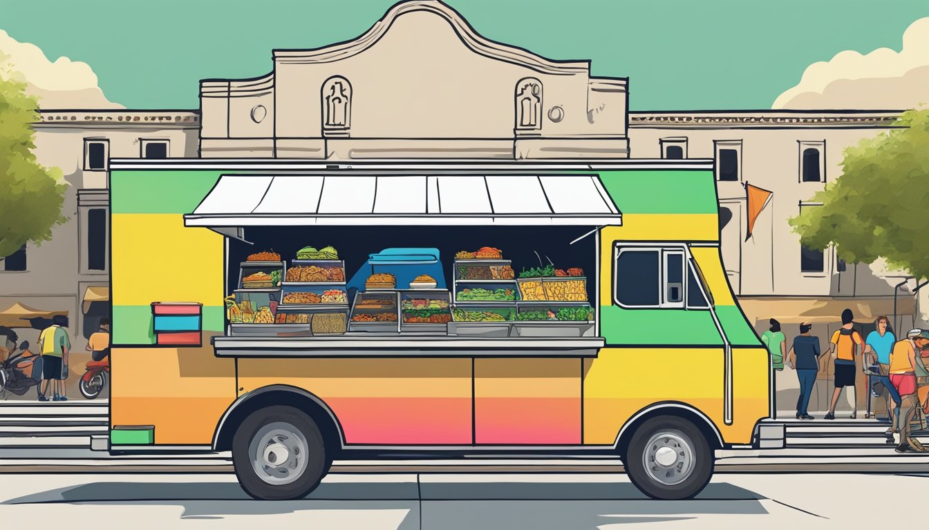 A colorful food truck sits near the towering silhouette of the Alamo, serving up a variety of mouthwatering tacos to a bustling crowd of locals and tourists alike