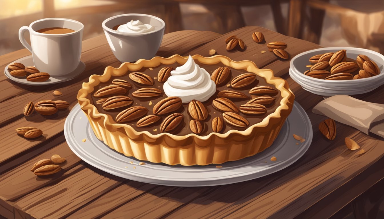 A golden pecan tart sits on a rustic wooden table, surrounded by scattered pecans and a dollop of whipped cream. A warm, inviting atmosphere envelops the bakery