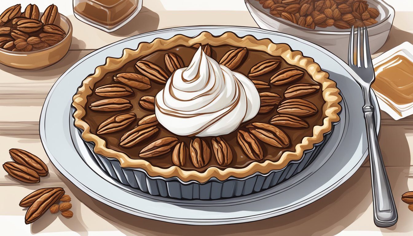 A table set with a slice of pecan pie, topped with whipped cream and a drizzle of caramel, surrounded by pecans and a fork