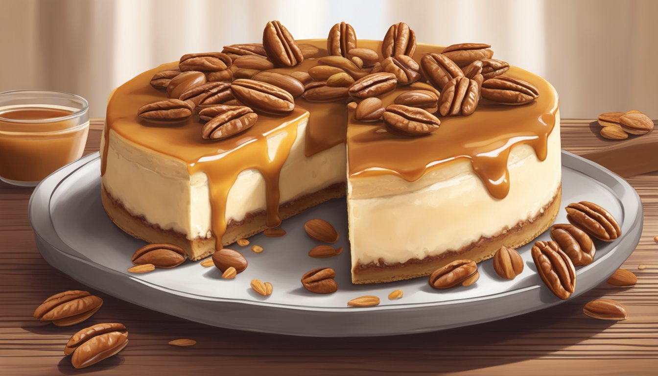 A decadent pecan-praline cheesecake sits on a rustic wooden table, surrounded by pecans and drizzled with caramel sauce. A slice has been removed, revealing the creamy filling and crunchy crust