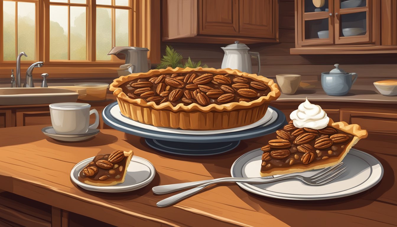 A rustic wooden table with a freshly baked pecan pie, surrounded by pecans and a dollop of whipped cream, set against a backdrop of a warm and inviting Texan kitchen