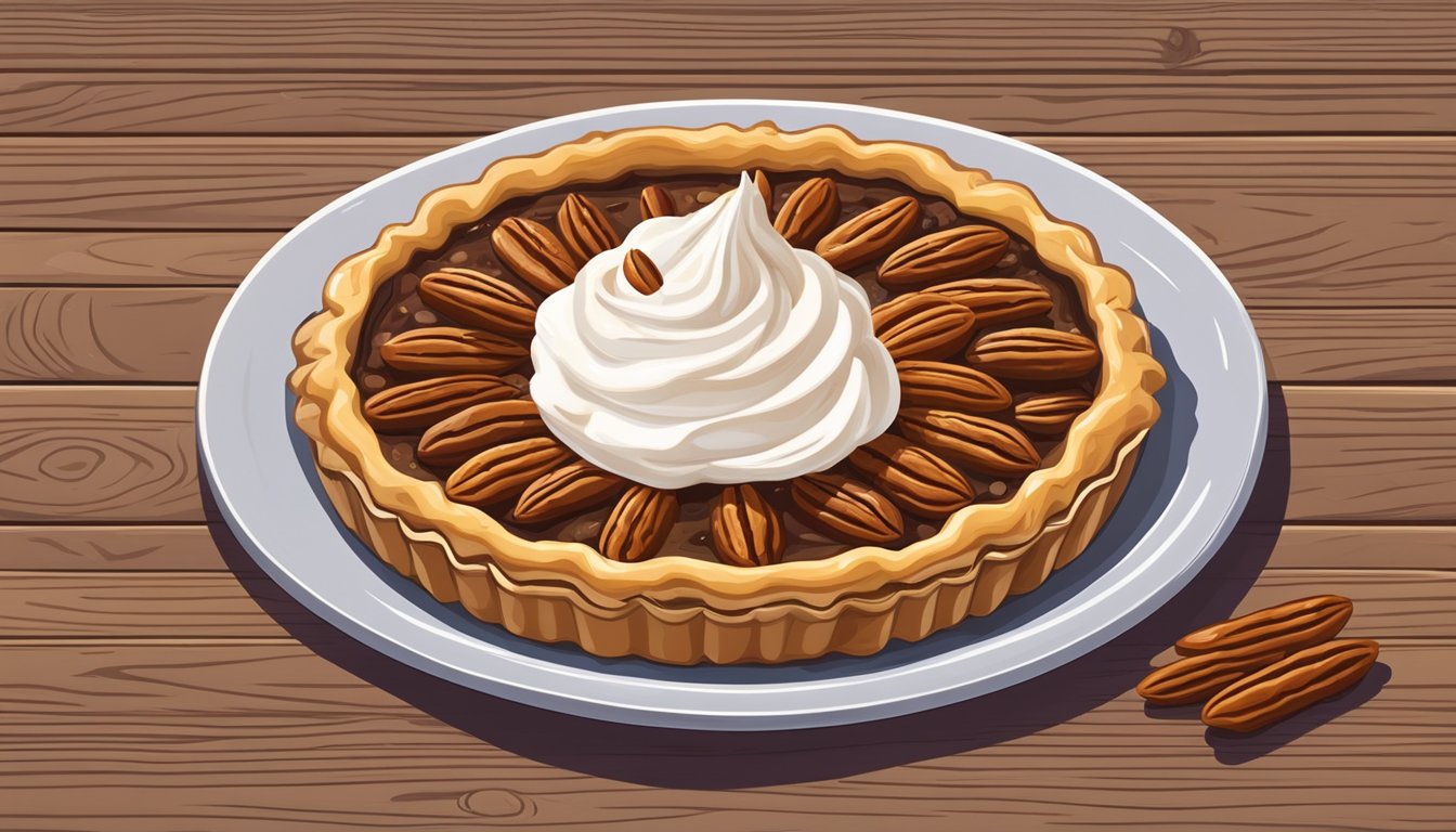 A slice of pecan pie surrounded by a dollop of whipped cream, topped with a sprinkle of pecan pieces, on a rustic wooden table