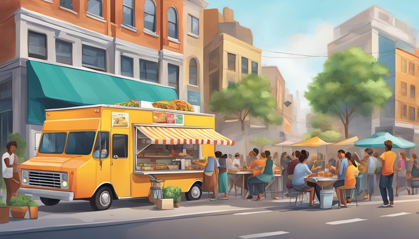 A bustling street corner with a colorful food truck serving gourmet tacos, surrounded by eager customers