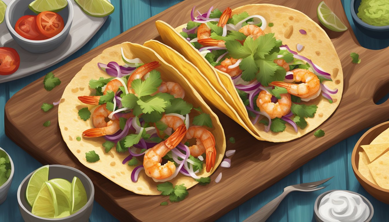 A sizzling skillet of chipotle shrimp tacos with colorful toppings on a wooden serving board