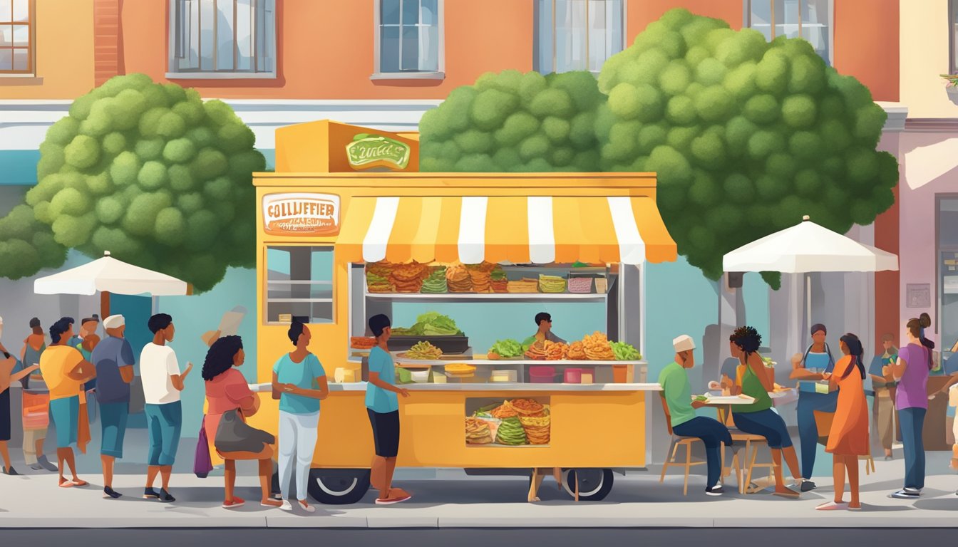 A colorful street scene with a food cart serving crispy cauliflower tacos to a diverse group of customers