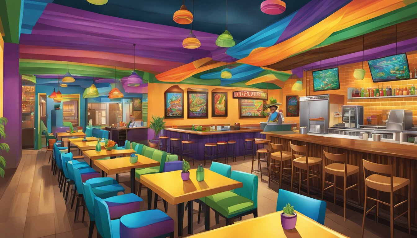 A bustling taco lounge with vibrant decor and a lively atmosphere, showcasing a variety of gourmet tacos