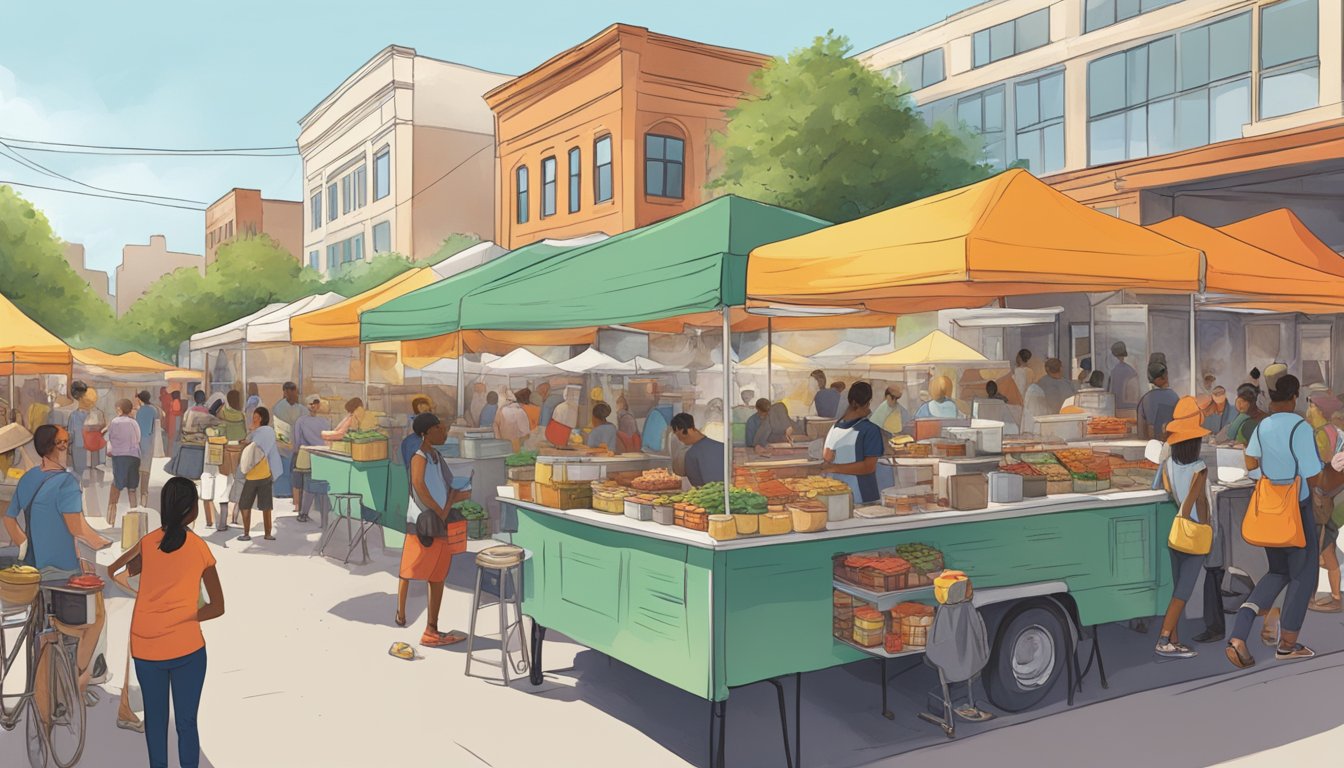 A bustling outdoor market with colorful food trucks serving up steaming breakfast tacos to a diverse crowd in Austin, Texas