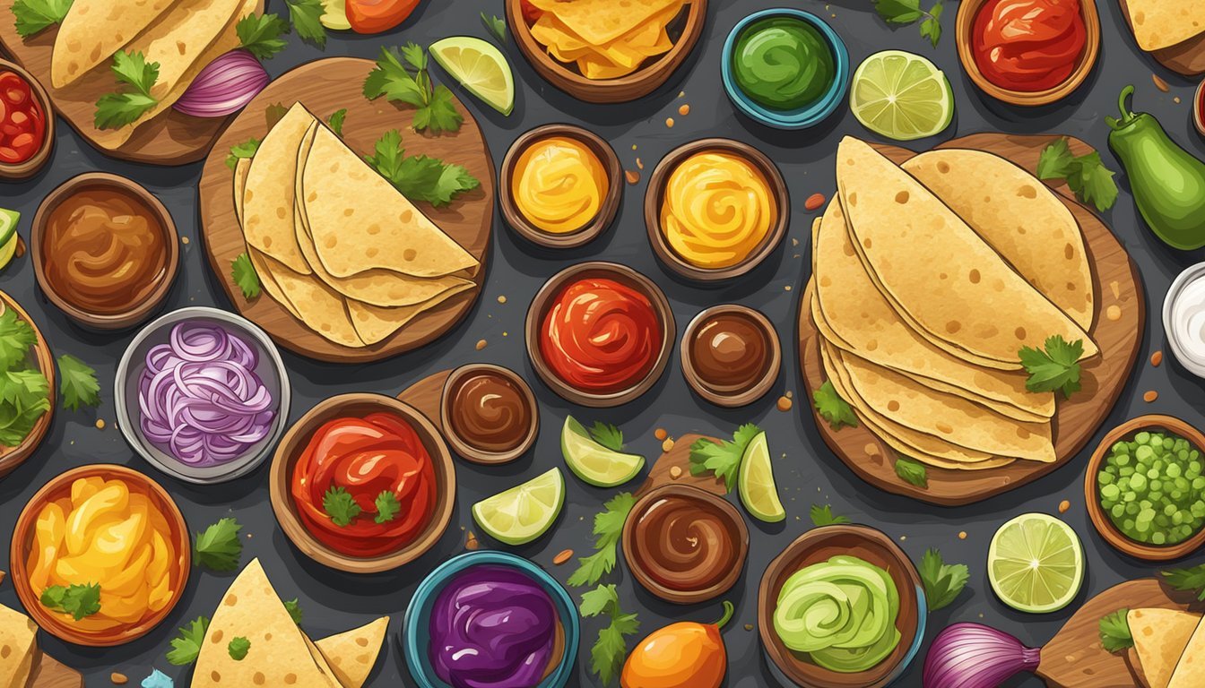 A colorful array of taco ingredients and sauces arranged on a wooden table