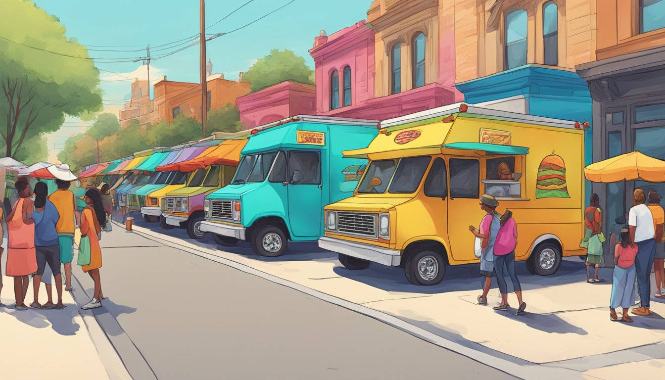 A row of colorful taco trucks parked in a bustling Texas street, with people lined up eagerly waiting to order their favorite tacos