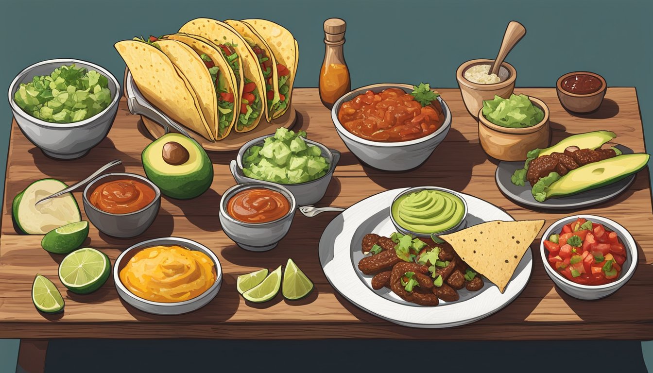 A colorful array of gourmet taco ingredients spread out on a rustic wooden table, including fresh avocado, grilled meats, artisanal cheeses, and house-made salsas