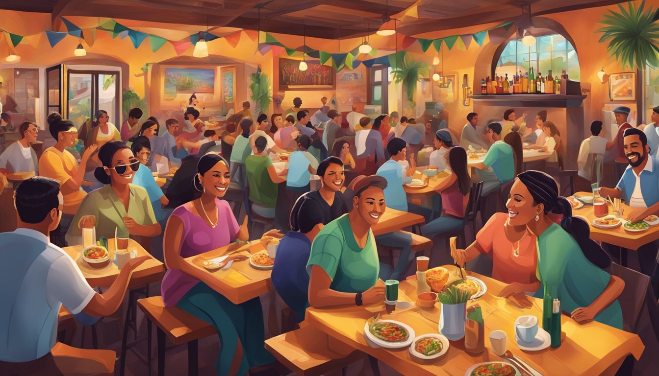 A bustling restaurant with vibrant decor, lively music, and mouthwatering Mexican dishes being served to a diverse crowd